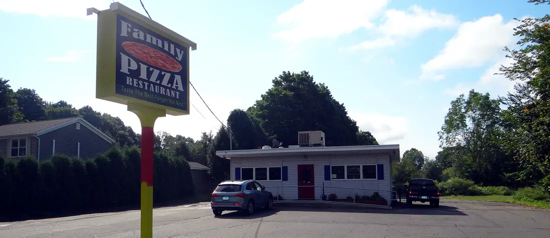 Family Pizza Restaurant on Berlin Street, with its roadside sign