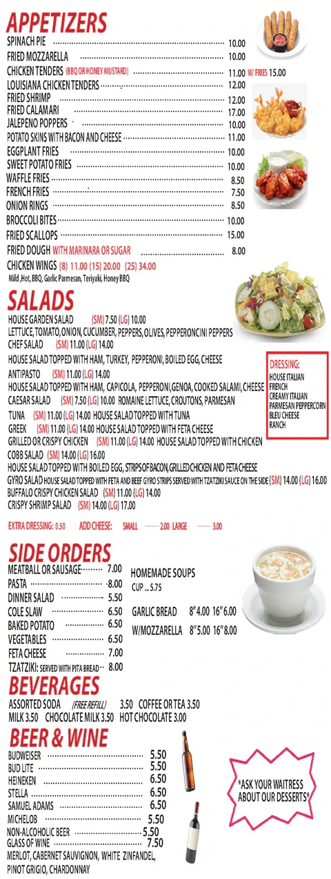 The printed menu panel for appetizers, salads, side orders, beverages, and beer and wine