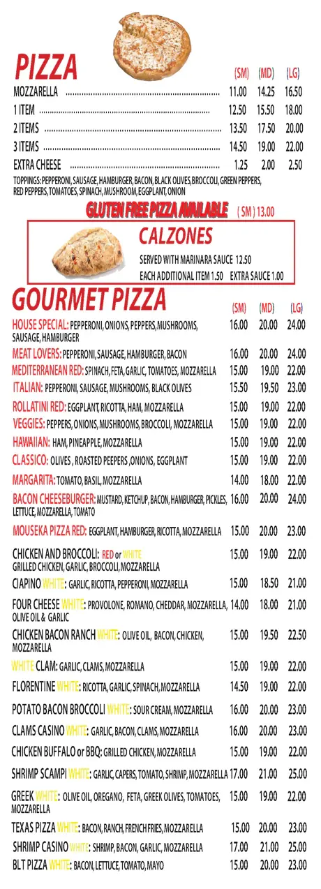 The printed menu panel for pizza, calzones and gourmet pizza