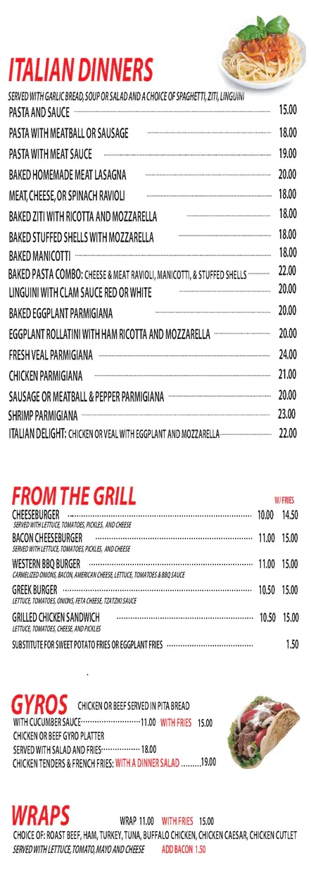 The printed menu panel for Italian dinners, the grill, gyros and wraps