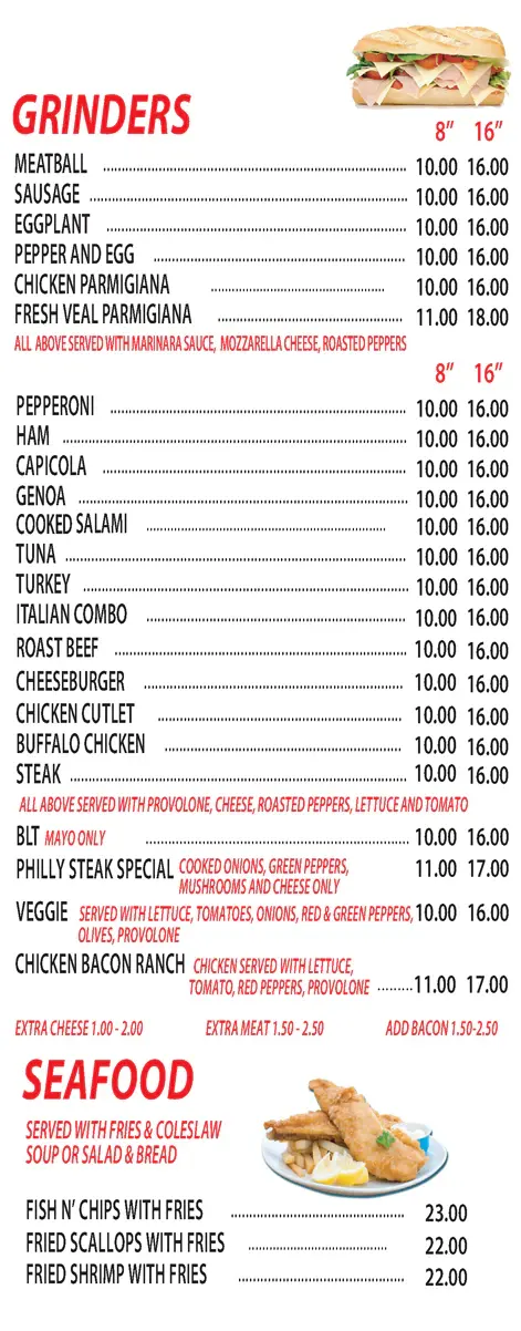 The printed menu panel for grinders and seafood