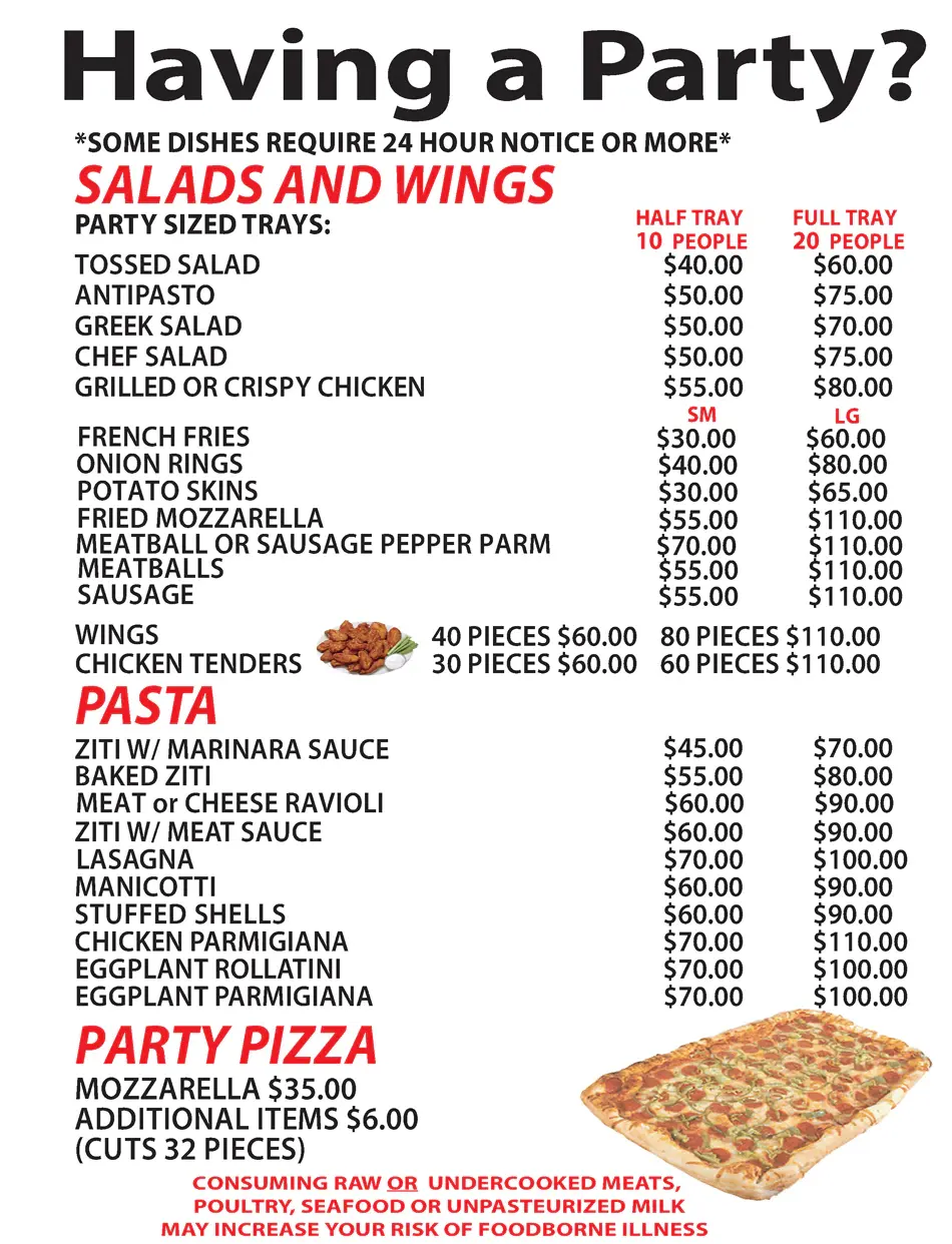 The printed party menu: party sized trays of salads, wings, pasta and party pizza